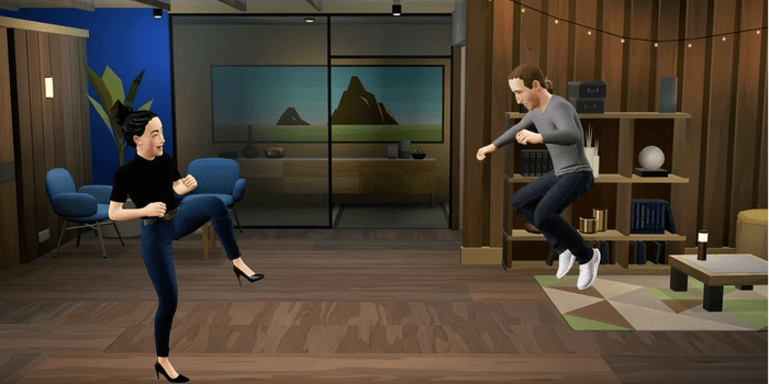 metaverse avatar on the left has her knee up, mark zuckerberg's avatar on the right is jumping in the air
