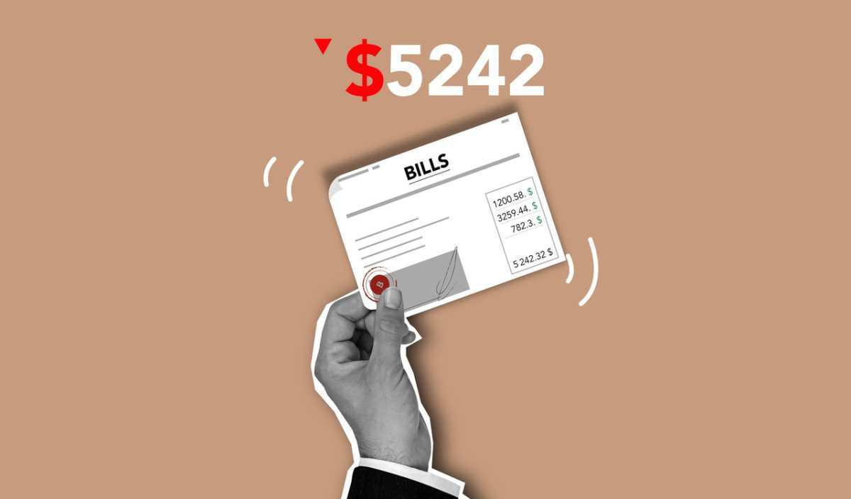 Cutout paper composition with paper document with expensive cost for paying for different services or apartment bill on brown background