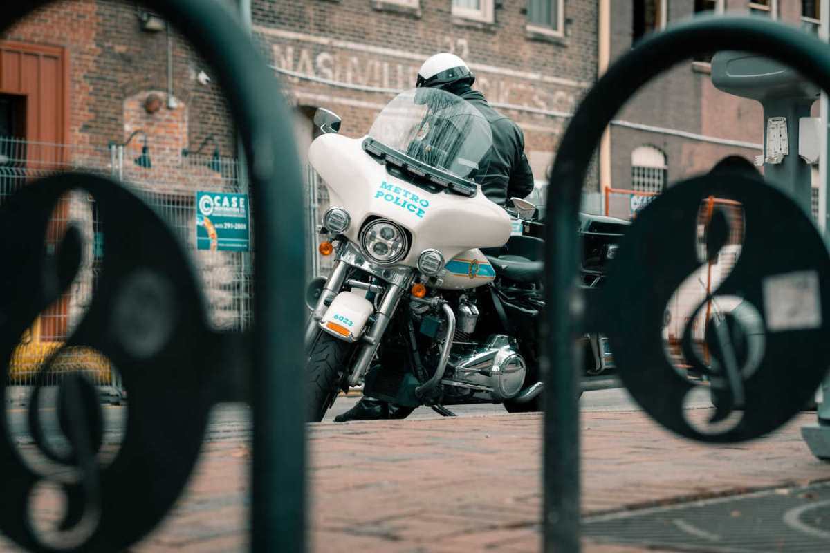 Metro Police officer on a motorcycle patrolling the streets of Nashville, TN.
