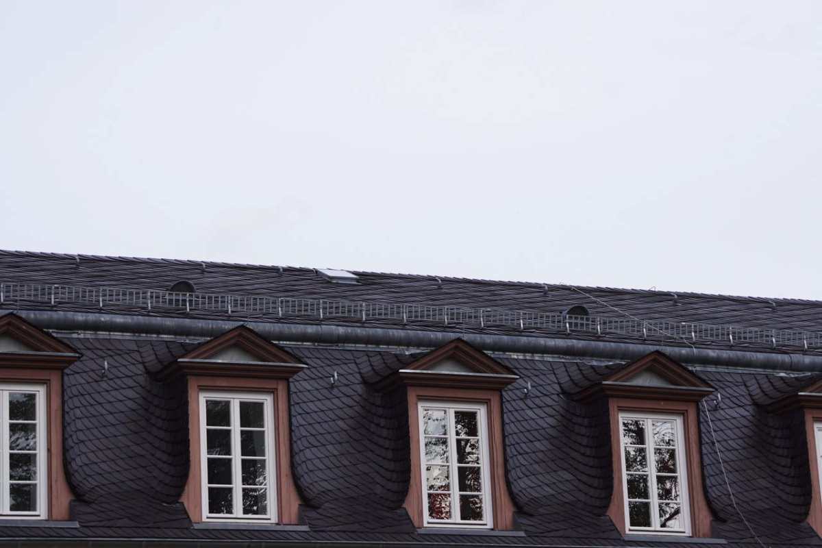 Close-up view of a traditional European building roofline featuring windows and slate roofing.