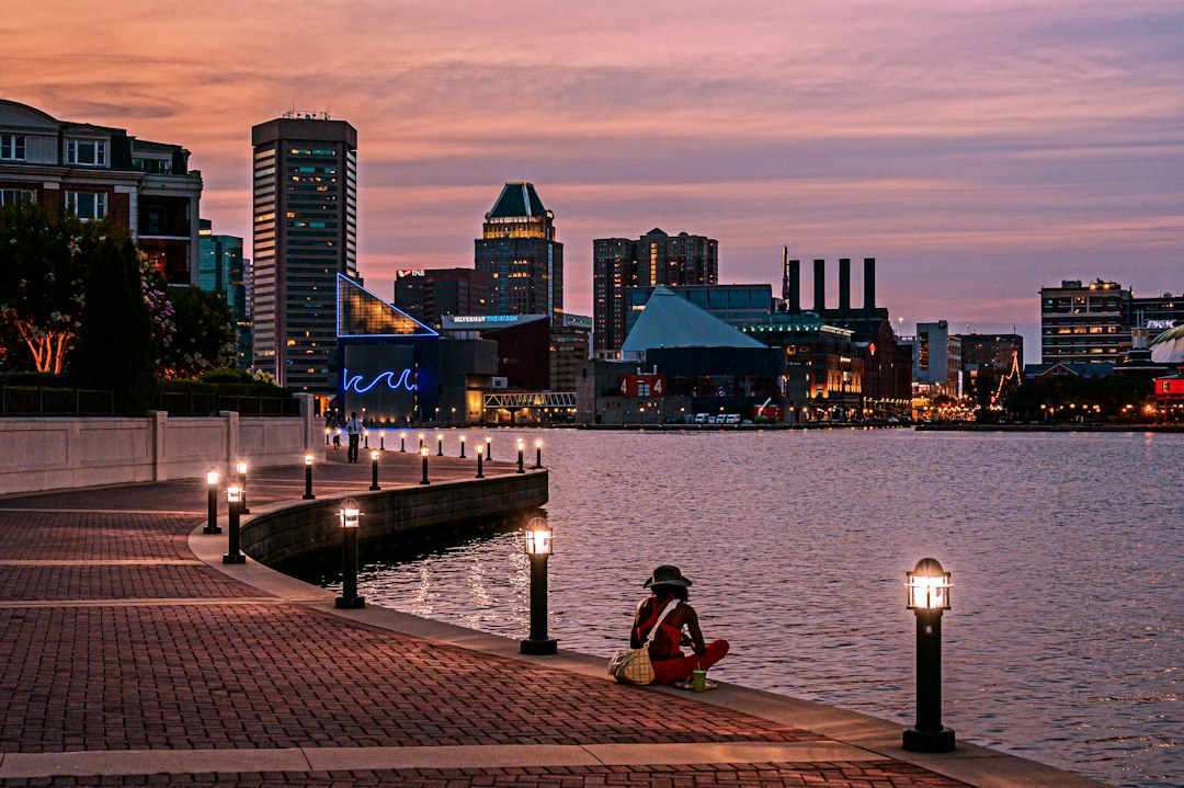 Person sitting by waterfront overlooking city skyline at dusk