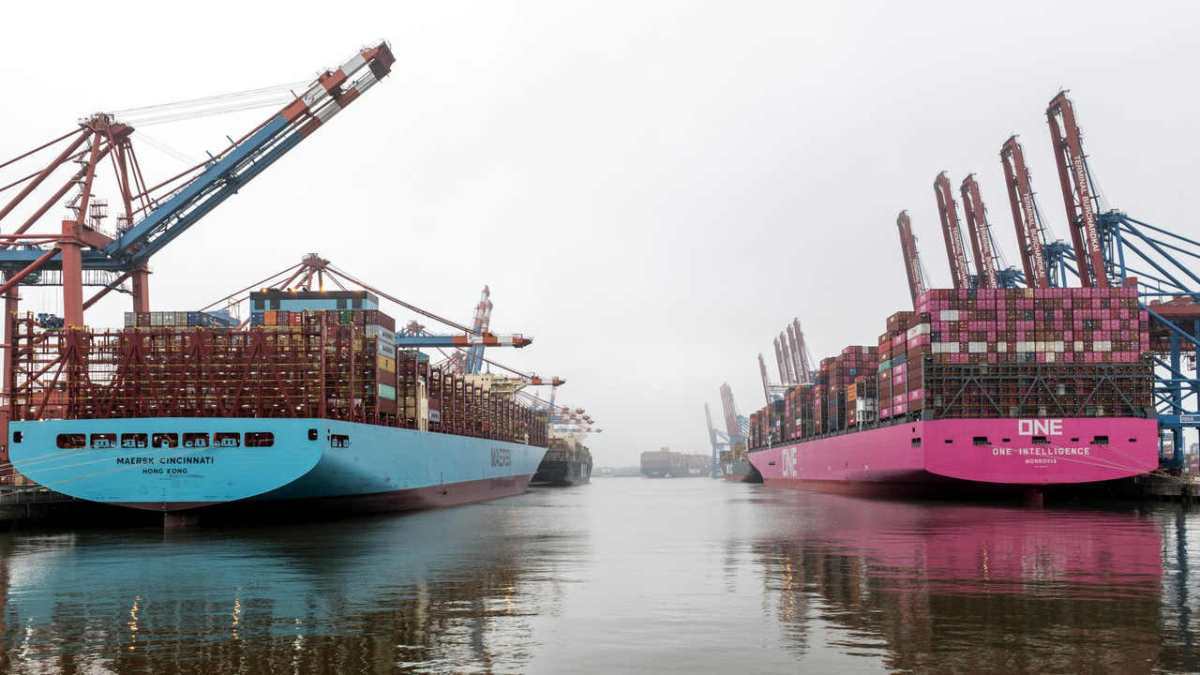 Massive container ships docked at Hamburg Port, displaying global shipping power.